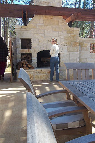 An outdoor patio and fireplace; photo courtesy Sarah Harris